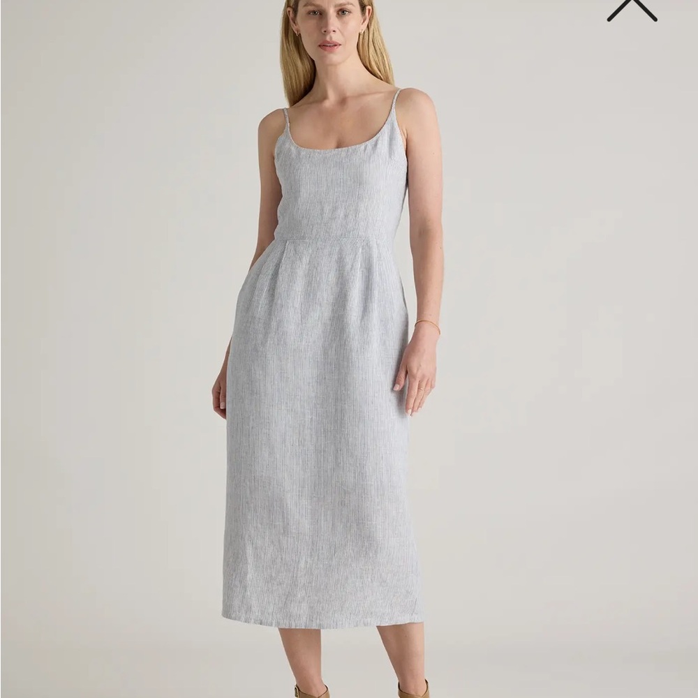 NWOT Quince Women 100% European Linen Scoop Neck Midi Dress Blue Pinstripe S